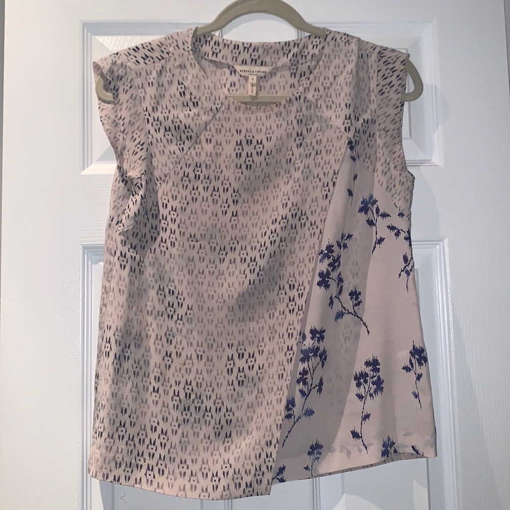 Rebecca Taylor pale blush pink with blue pattern 100% silk sleeveless top 0 zero